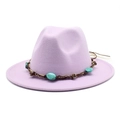 Lavender wool fedora hat with turquoise ethnic trim and wide brim for women - M (56-58cm) / Taro Purple