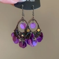 Boucles d'oreilles rétro en bronze avec paillettes mauves et perles colorées - Style à Franges Violettes Évidé en Bronze / Violet