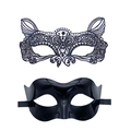 Set of two black masquerade masks including lace phoenix style and glossy plastic eye mask - Black Elf Lace Mask + Sleek Plastic Mask