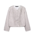 Short grey faux fur jacket with a crew neck and long sleeves on a clean white background - XS / White