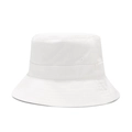 Detailed view of white cotton bucket hat featuring metal eyelet and stitched brim - White