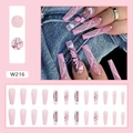Detailed view of pink ballerina press-on nails with butterfly and cherry rhinestones - Ice Transparent Pink Diamond (W216) / Glue Type