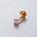 Titanium push-pin earring with golden finish and round pink zircon stone inlay - Gold-Pink Zirconia