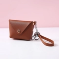 Brown litchi grain PU leather mini coin purse with gold snap and wristlet keychain - Coffee