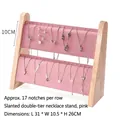 Double-layer pink velvet and solid wood necklace display stand with 34 slots - Inclined 2-Layer Necklace Rack Pink