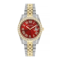 Détail d'une montre de luxe dorée avec cadran rouge soleil et lunette en cristaux - Rouge