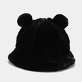 Detail of black faux fur bucket hat featuring cute plush double ears for winter warmth - M (56-58cm) / Black