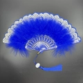 Elegant blue feather folding fan with gold lace trim and matching blue fringe tassel - Bronzing Feather Fan Royal Blue