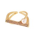 Adjustable gold ring with a white pearl and pink micro-pave zircons on a white background - Diagonal Pearl Zircon Style