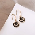 Elegant gold earrings with black pavé crystals and white rhinestone circular border - Round Disc Black Zirconia / Gold