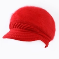 Winter red knitted rabbit fur hat for women with bill and braided texture detail - One Size / Twill Rabbit Fur Red