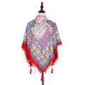 Close-up of Bohemian floral jacquard scarf with detailed red fringe tassels and patterns - 115*115cm / Red Floral (No.40)