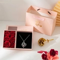 Pink heart necklace jewelry gift box set with six red soap roses and a love gift bag - Heart-shaped Pink Design; Flower Box + Tote Bag + Greeting Card