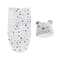 Close-up of white newborn swaddle with gray stars and bear ear hat on white background - Grey Star Swaddle + Hat Set