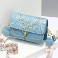 Blue glitter crossbody bag with heart gold lock and snowflake pattern wide strap - 21x8x14cm / Blue