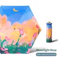 Lightweight black coating umbrella with moon and rose oil painting and storage pouch - 19 Inch 6 Ribs / 5-Fold Titanium Gold-Rose under the Moon