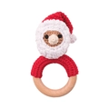 Handmade crochet Santa Claus baby rattle with natural wooden ring for teething - Santa Claus