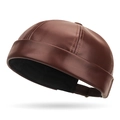 Dark brown leather brimless docker hat with adjustable metal buckle and vintage texture - Light Coffee