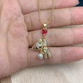 Close-up of golden ball chain necklace with red heart zircon and shiny bear pendant - Red Heart Pearl Style (E)