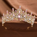 Baroque golden bridal tiara with pink and clear rhinestones on brown satin background - Gold Pink
