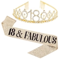 Golden 18th birthday set with crystal rhinestone tiara and 18 & Fabulous glitter sash - Gold 18 & Fabulous Set