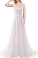 Elegante witte strandtrouwjurk met V-hals, kant en een rok van chiffon stof - US 2 / Wit