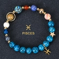 Solar system beaded bracelet with blue natural stones and golden Pisces zodiac charm - Pisces