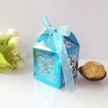 Laser-cut heart gift box in metallic blue with matching ribbon for wedding candy - Reflective Blue