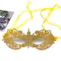 Detailed close-up of golden lace masquerade mask with sparkling rhinestones and yellow ribbons - One Size / Gold (Gauze Tie)