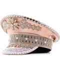 Gorra de fiesta oro rosa brillante con diamantes, perlas y joyas florales sobre blanco - Ajustable / Oro champán