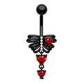 Gothic black ribcage belly button ring with red heart gems and white crystals - Ribcage Belly Button Ring 1.6x10mm