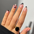 Short almond press-on nails with black French tips and star patterns on pink base - Black Star French Style (JP3714)