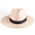 Classico cappello di paglia beige con nastro di canneté nero per protezione solare - M / Rosa