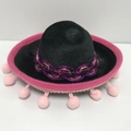 Mini black felt Mexican party hat with pink pom poms and purple woven trim details - Black Felt-Pink Pompoms