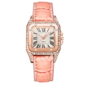 Women's square rose gold watch with rhinestones and pink faux leather strap - Pink