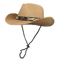 Straw cowboy hat in light brown with leather band, bull head badge and wind rope - M (56-58cm) / Khaki
