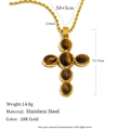 18K gold plated stainless steel cross necklace with brown gemstone and size specs - Tiger Eye Cross Pendant Twist Chain Necklace - Gold