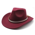 Detail of burgundy wool western cowboy hat with red star band and leather drawstring - M (56-58cm) / Burgundy