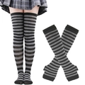 Thigh-high socks and arm warmers set with black and grey horizontal stripes - One Size / Grey Black Striped