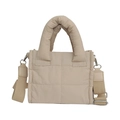 Beige quilted puffer crossbody bag with adjustable wide strap and padded handles - Light Khaki