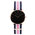 Minimalist quartz watch with black dial and navy pink striped NATO strap for women - Rose Gold Case Blue White Pink NATO Strap
