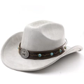 Détail d'un chapeau de cowboy gris clair avec ruban cuir, clous turquoise et boucle rétro - M (56-58cm) / Gris clair