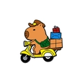 Cute capybara enamel pin riding a yellow scooter with delivery packages on back - Delivery Courier