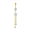 Golden belly ring with cubic zirconia stars and elegant dangling chain tassels - Gold Flower Chain