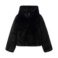 Women's black faux fur short jacket with stand collar and zipper closure on white background - XS / Black
