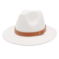 White wool fedora hat with brown leather belt and gold stud detail on plain background - M (56-58cm) / White