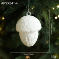 White glitter acorn Christmas tree ornament with silver string and 9cm height detail - White Pine Cone