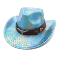 Close-up of blue cowboy hat with iridescent snakeskin texture and metal bull logo - M (56-58cm) / Lake Blue