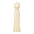 Elegantes Neckholder-Maxikleid aus Satin in Creme mit feinem Spitzenbesatz und V-Ausschnitt - S / Hellgelb
