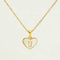 Minimalist heart-shaped necklace with gold-plated U initial and white shell inlay - Letter U